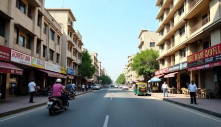 Street view of hotels near Hisar Railway Station including Hotel Sky Way Inn and Hotel Desire, with Indian street life and clear skies.