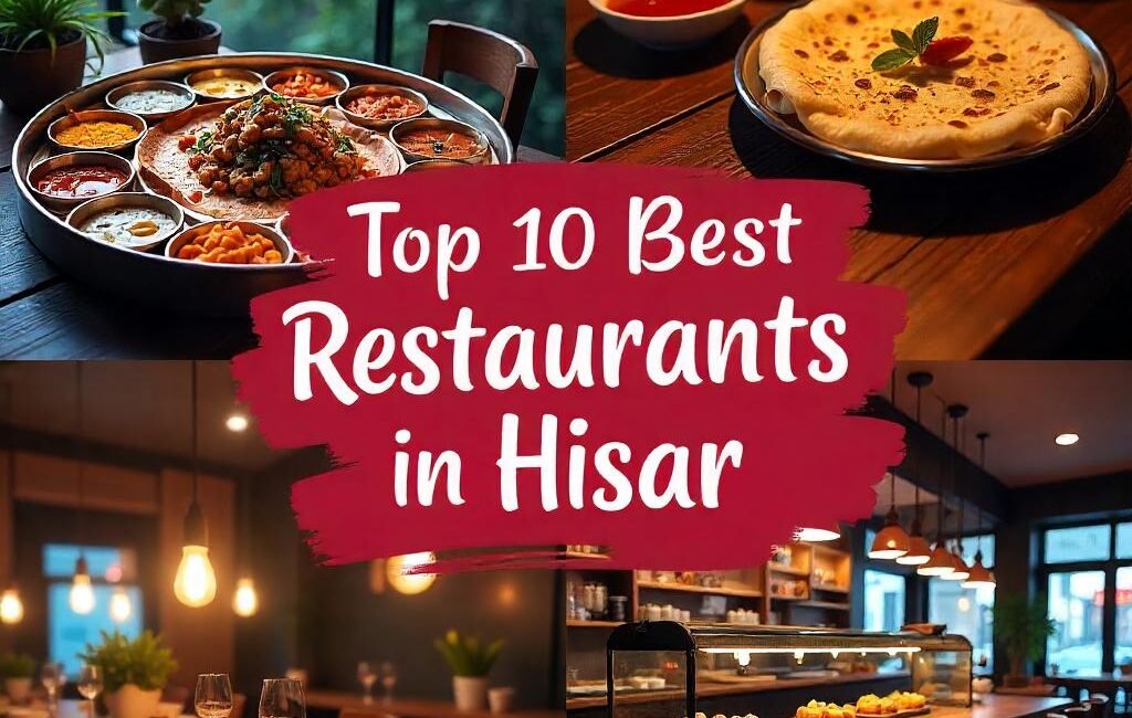 Collage of best restaurants in Hisar featuring rooftop dining, Indian thali, dosa, family dinner, café, and bakery with text overlay “Top 10 Best Restaurants in Hisar (2025)”