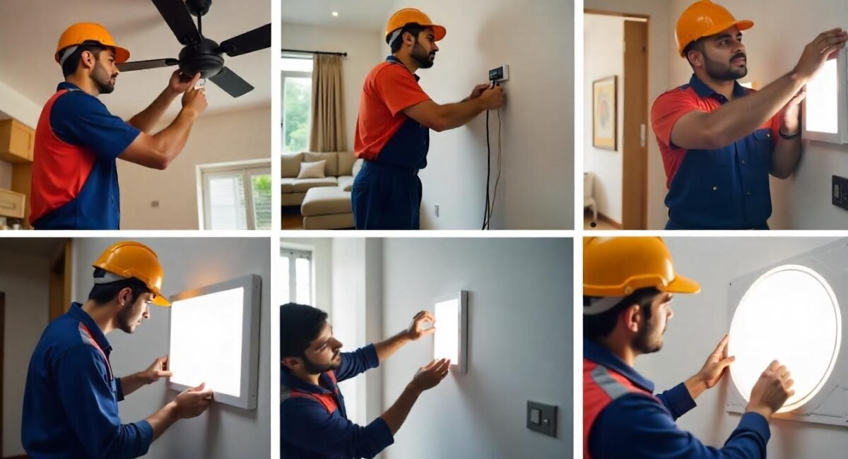 Electrician near me in Hisar showing multiple home electrical services – fan repair, switchboard installation, geyser repair, inverter wiring, and LED light fitting