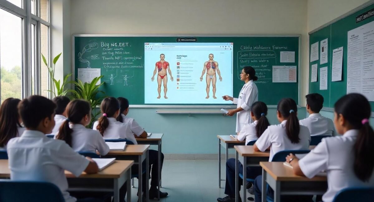 NEET coaching classroom in Hisar with students studying biology and NEET preparation materials