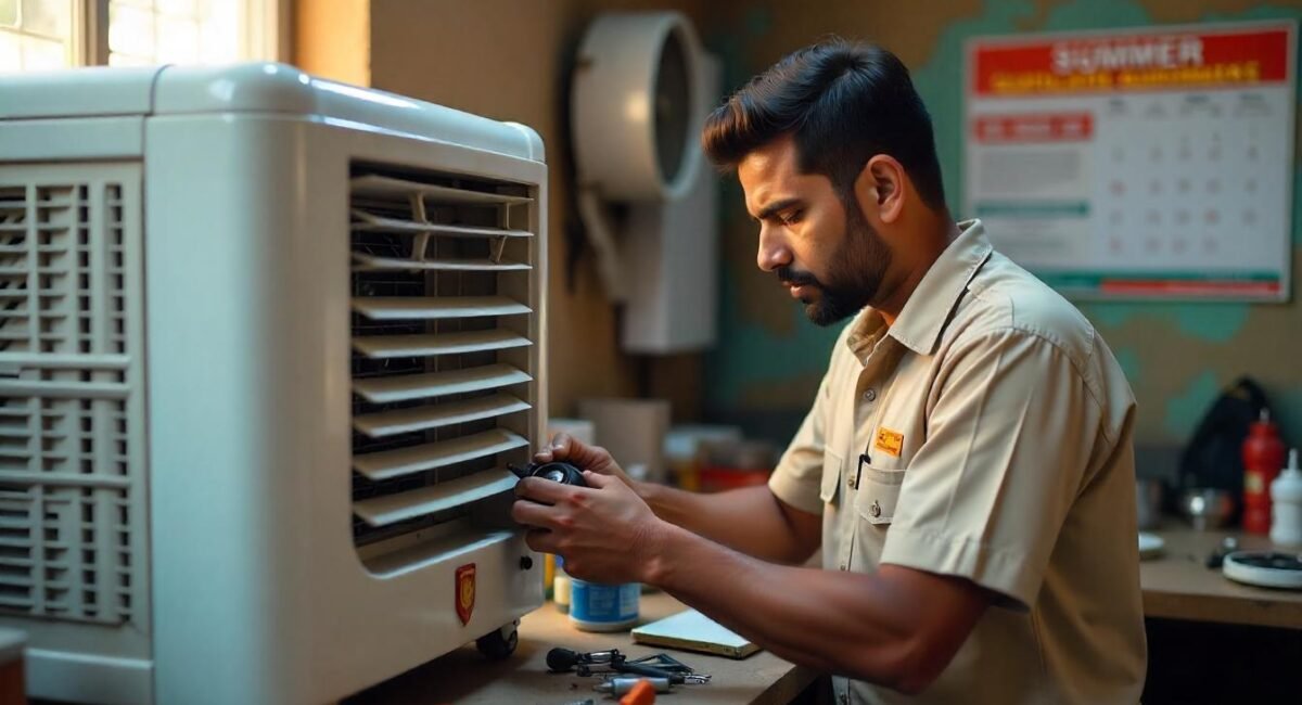 Technician repairing a desert air cooler in a local Hisar workshop