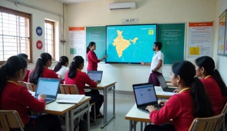 Modern IIT JEE coaching classroom in Hisar with students and teacher