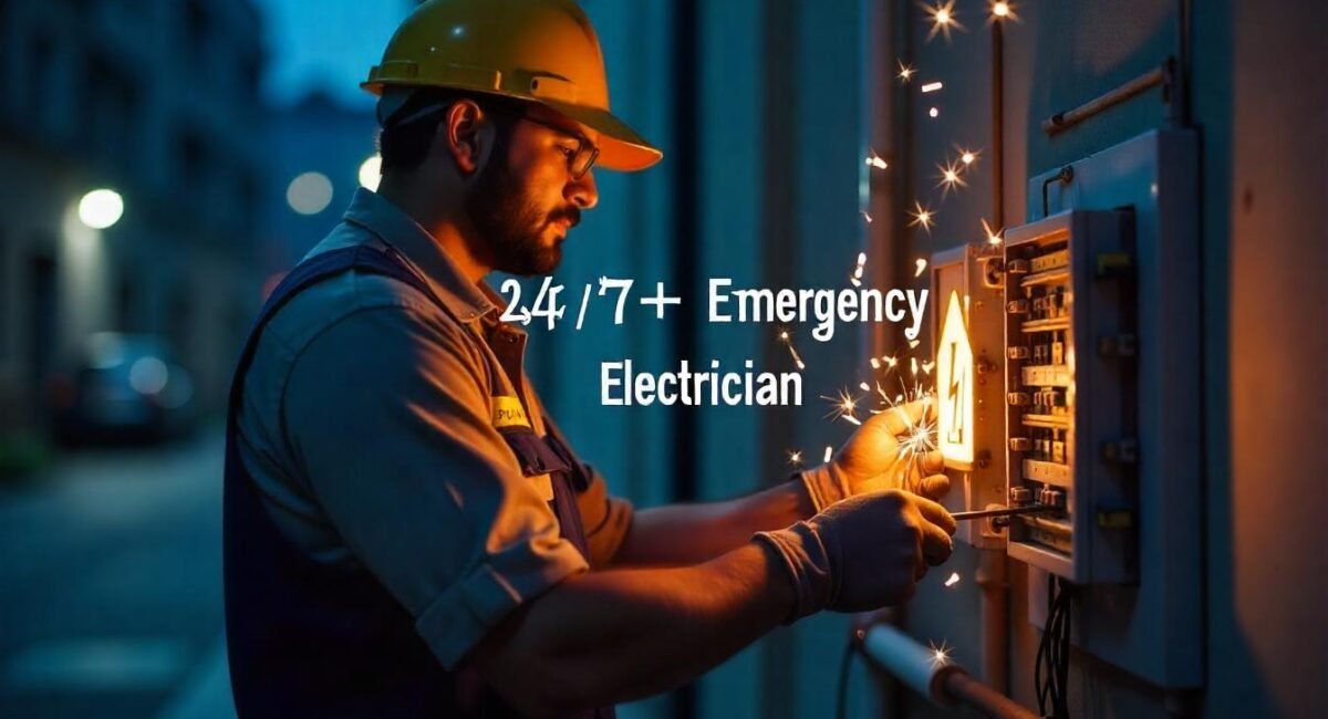 "A professional Indian electrician wearing a uniform and safety gloves, repairing a fuse box or electric meter at night, with sparks and tool kit visible, standing near a glowing house or emergency light symbol. Text overlay: '24/7 Emergency Electrician | Shiv Electrician & Appliances, Hisar'. Urban background, dark blue tones with glowing yellow highlights to indicate electricity and urgency."