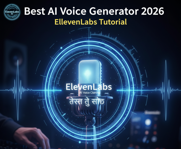 A futuristic studio setup with a glowing blue microphone and digital audio waves representing ElevenLabs AI Voice Cloning technology.