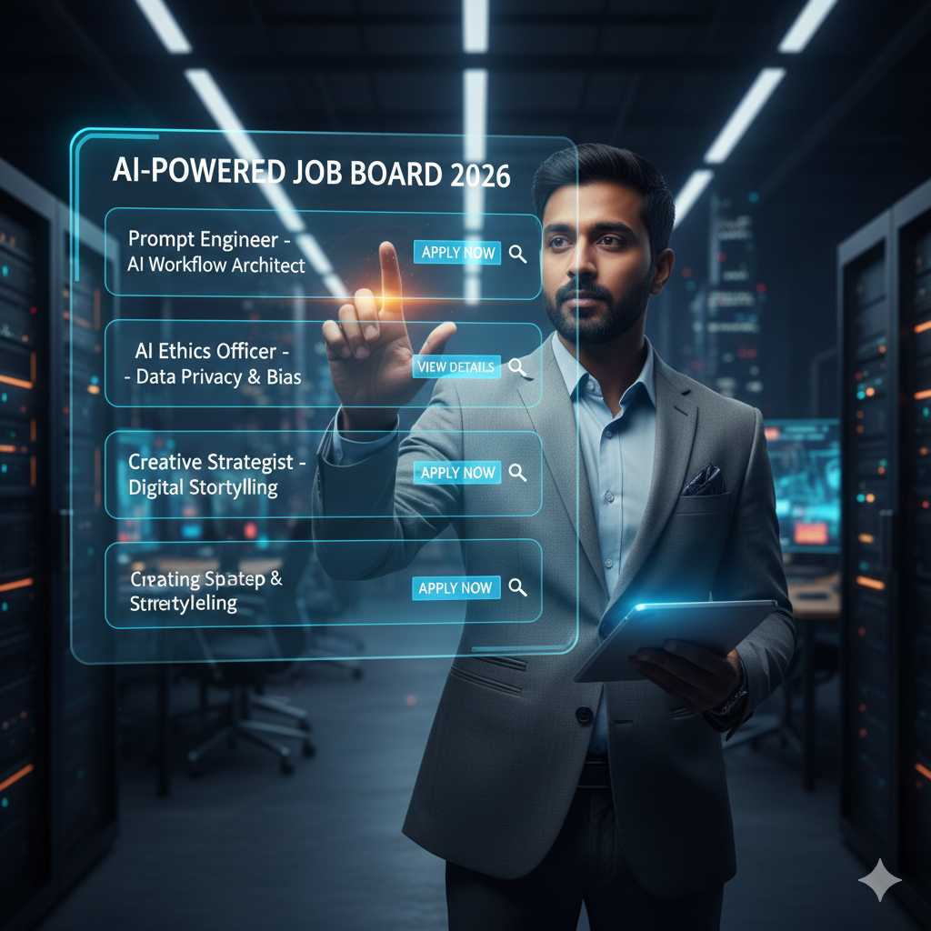 { action image_generation, action_input {'prompt' 'A professional Indian man interacting with a large floating digital job board. The board has multiple rectangular buttons for jobs like Prompt Engineer, AI Ethicist, and Creative Strategist. Each button has a glowing Apply Now blue button and a View Details icon. Cinematic lighting, futuristic 2026 office, high-resolution, looks like a clickable website interface.'} }