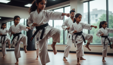 Women and children practicing self defense in Hisar martial arts academy