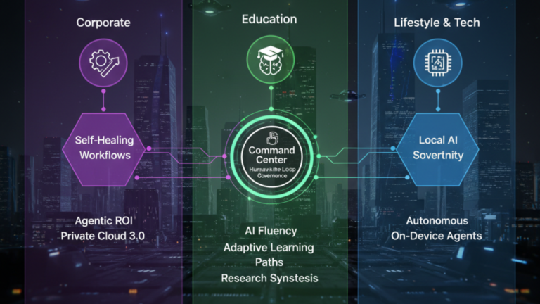 Infographic of the 2026 AI Command Center showing orchestrated autonomous agents for Corporate Self-Healing Workflows, Educational Adaptive Learning, and Lifestyle Local Sovereignty.