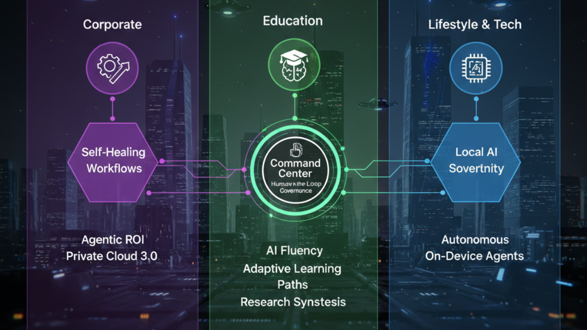 Infographic of the 2026 AI Command Center showing orchestrated autonomous agents for Corporate Self-Healing Workflows, Educational Adaptive Learning, and Lifestyle Local Sovereignty.