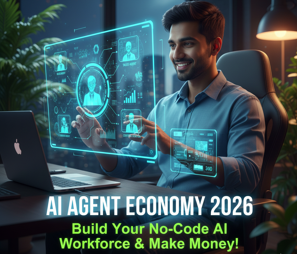 A professional Indian creator building no-code AI agents on a holographic interface in 2026.