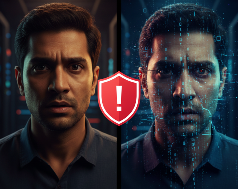 A split-screen comparison of a real Indian man and his glitched AI deepfake counterpart with a red warning shield icon in the middle.