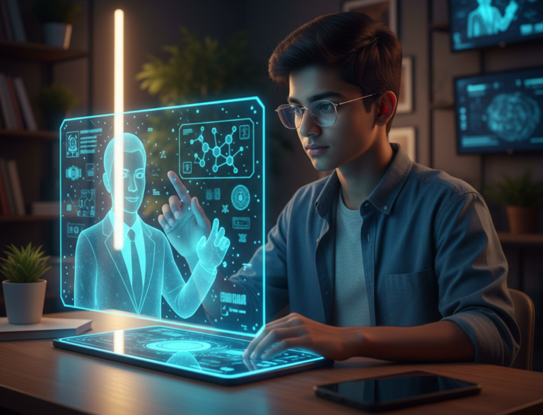 A young Indian student with glasses using a futuristic laptop, guided by a glowing blue holographic AI tutor showing complex science diagrams (DNA, molecules) in a modern study environment.
