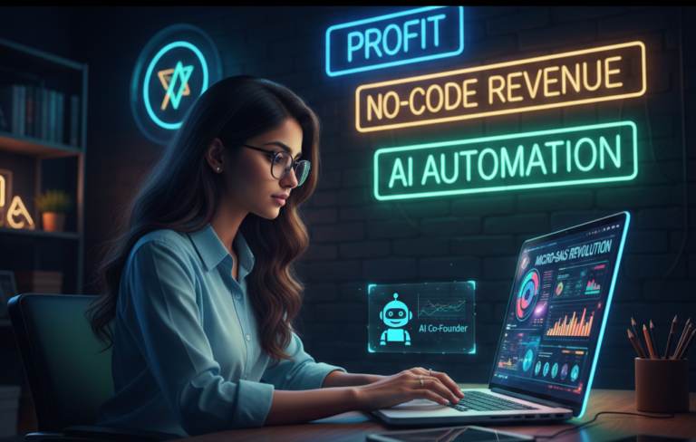 A young Indian woman entrepreneur building a Micro-SaaS on her laptop, with neon signs for 'Profit', 'No-Code Revenue', and 'AI Automation' in the background, symbolizing the Micro-SaaS revolution.