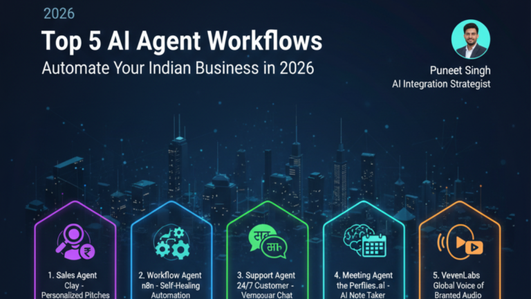 Infographic showing top 5 AI agents for Indian business automation in 2026: Clay, n8n, Kommunicate, Fireflies, and ElevenLabs.