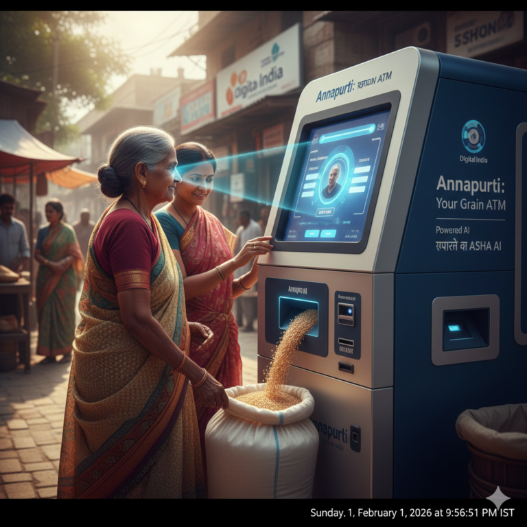 "A high-quality 2026 concept art of a 'Smart Ration Shop' in an Indian village. An elderly Indian woman in a humble cotton saree is standing in front of a sleek, industrial-grade 'Annapurti Grain ATM' machine. A thin, glowing blue laser line is scanning her face (Face Authentication) from the machine's screen. On the screen, it shows her digital ration card details in Hindi. From the dispenser slot, clean golden wheat grains are flowing into her cloth bag. In the background, there is a clean, organized digital shop with 'Digital India' and 'ASHA AI' logos. The sunlight is warm and golden, creating a hopeful and dignified atmosphere. Hyper-realistic, 8k resolution, cinematic lighting, focused on the transition from traditional to AI-powered governance."