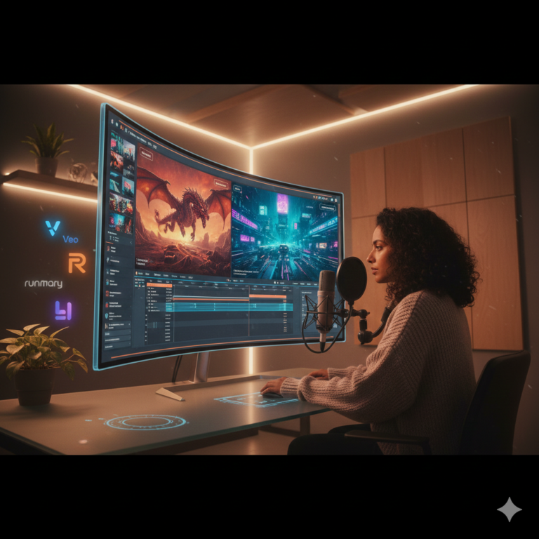 "A content creator in 2026 using a curved transparent monitor to generate AI videos with Google Veo and Runway; features a hyper-realistic dragon and cyberpunk city on screen."