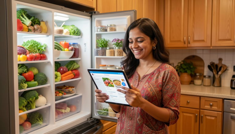 Indian woman using AI app to find a recipe based on vegetables in her fridge