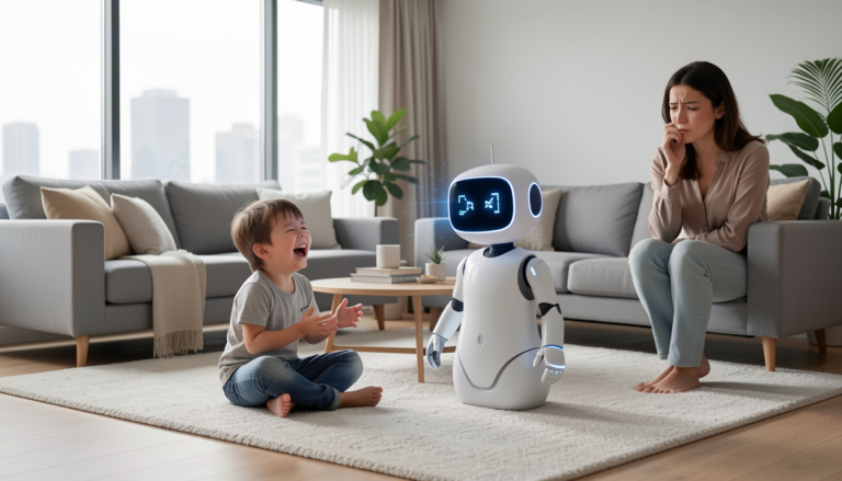 एक छोटा बच्चा एआई रोबोट खिलौने के साथ खेल रहा है, जो 2026 की सुरक्षित एआई पेरेंटिंग और डिजिटल नानी के कॉन्सेप्ट को दर्शाता है।