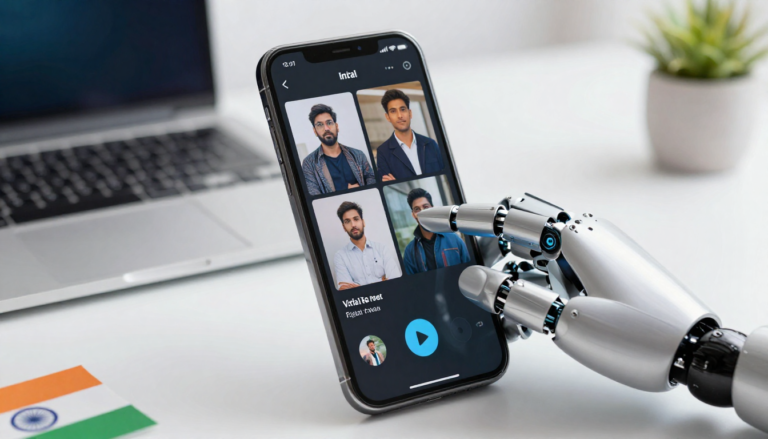 Digital workspace showing a smartphone with viral reels and a robot hand editing video, representing AI content automation in India.