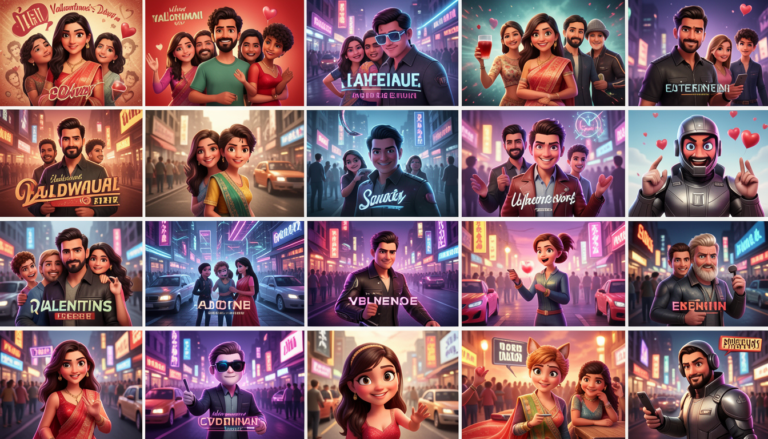 "A collection of cinematic AI-generated Valentine's Day 2026 portraits showing a romantic couple in various styles like Cyberpunk, Retro Bollywood, and 3D Pixar, illustrating how to use AI prompts."