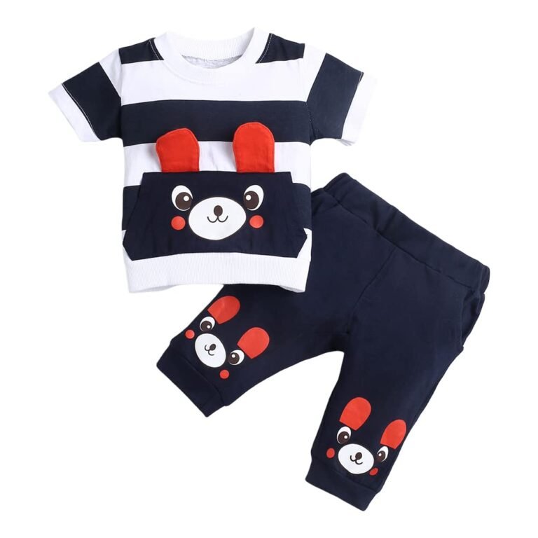 Hopscotch Boy’s Cotton Striped Stripes Bear Print Half Sleeves T-Shirt And Joggers Set