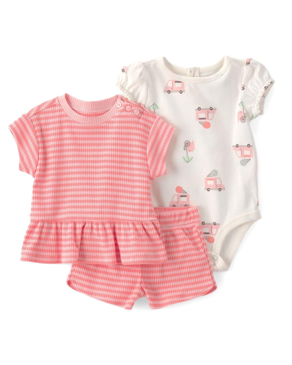 Carter’s Baby Girl 3-Piece Clothing Set | Lightweight Short Sleeve Top Bodysuit and Shorts | Comfortable Casual Wear Outfit | Roud Neck with Cotton & Polyester Fabric