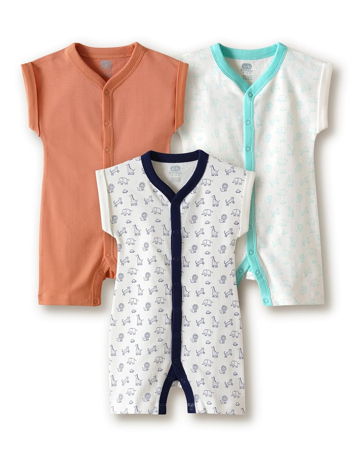 Amazon Brand – Symbol Unisex 100% Cotton Half Sleeve Baby Rompers (Available in Pack of 3 & 6)