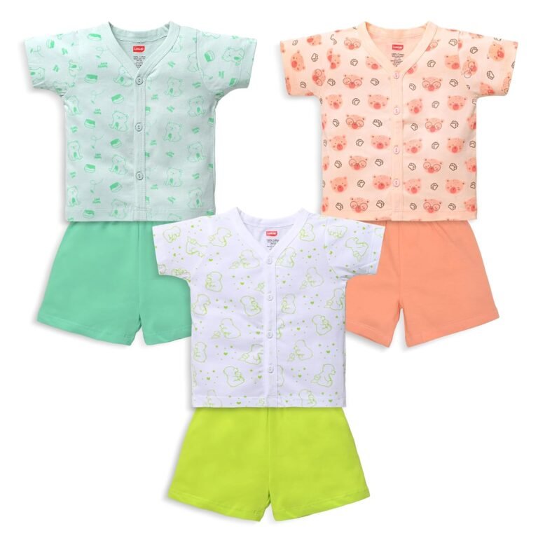 LuvLap Baby Boys & Girls Regular Fit 100% Cotton Half Sleeve Jhabla & Shorts Set Pack of 3