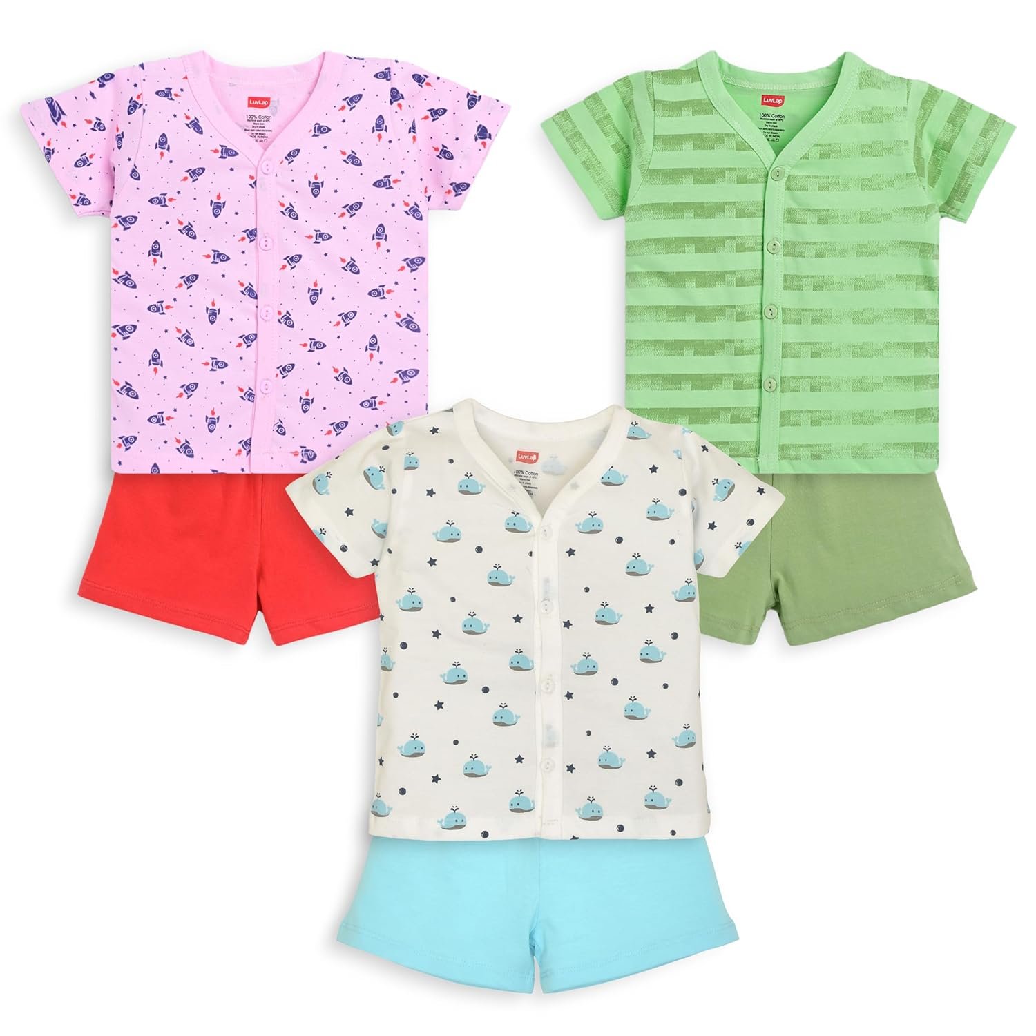 LuvLap Baby Boys & Girls Regular Fit 100% Cotton Half Sleeves Jhabla & Shorts Set Pack of 3