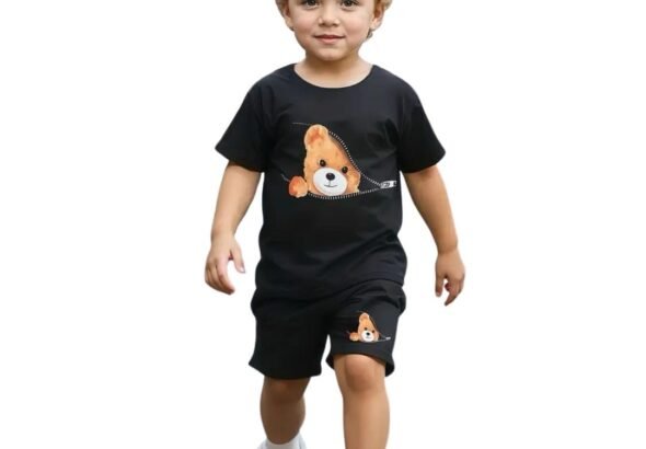 Fommy Pure Cotton T-Shirt Shorts Set for Baby Boy & Toddlers | Adorable Teddy Bear Cartoon Print Summer Casual Outfit for Boys | Ultra-Soft Half Sleeve Top & Shorts Cord Set for Home, Play & Outing