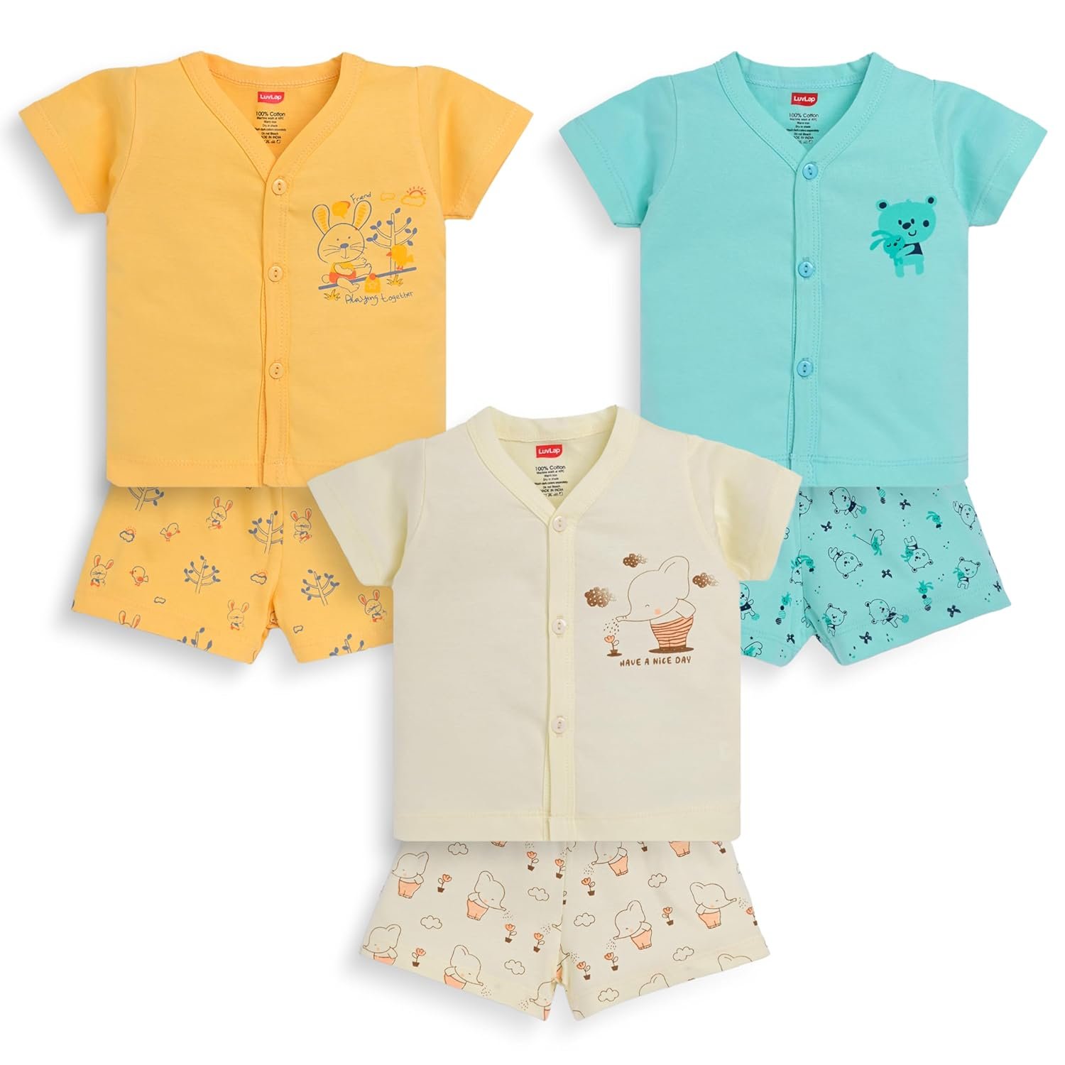 LuvLap Baby Boys & Girls Regular Fit 100% Cotton Half Sleeves Jhabla & Shorts Set Pack of 3