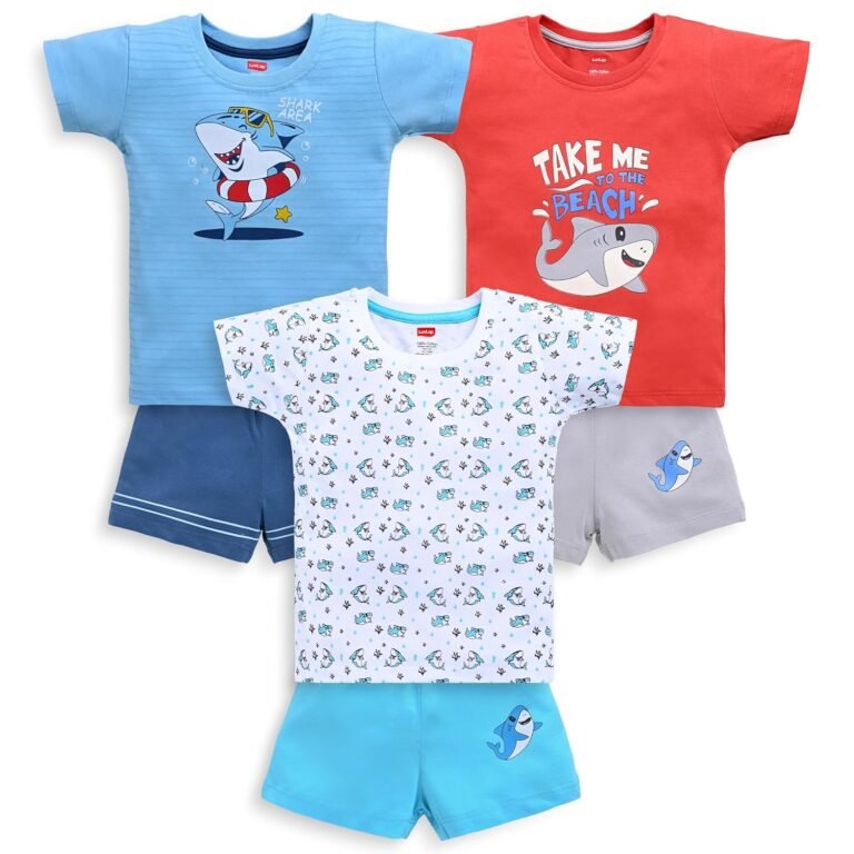 LuvLap Baby Boys Pack Of 3 Half Sleeve T-Shirt & Shorts Set 100% Cotton, L (6 to 12 Months), Printed, Multicolour