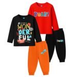 Baby Boys Full Sleeves Printed Regular Fit Cotton T-Shirts and Pyjamas Set | Combo for New Born Baby Kids Boy Clothing Set (Pack of 2, Black – Orange, Red – Black)