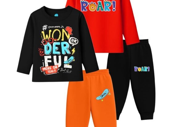 Baby Boys Full Sleeves Printed Regular Fit Cotton T-Shirts and Pyjamas Set | Combo for New Born Baby Kids Boy Clothing Set (Pack of 2, Black – Orange, Red – Black)