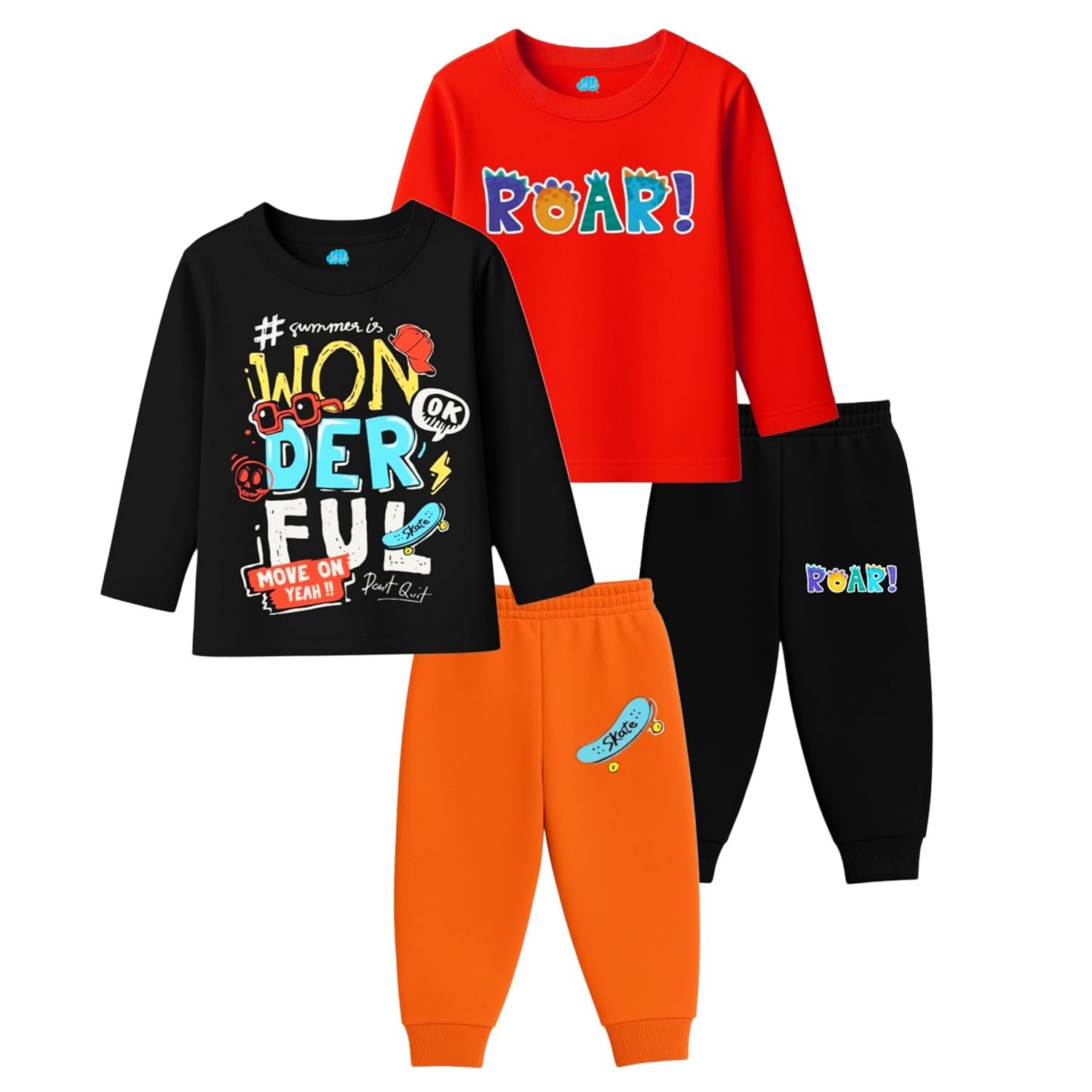 Baby Boys Full Sleeves Printed Regular Fit Cotton T-Shirts and Pyjamas Set | Combo for New Born Baby Kids Boy Clothing Set (Pack of 2, Black – Orange, Red – Black)
