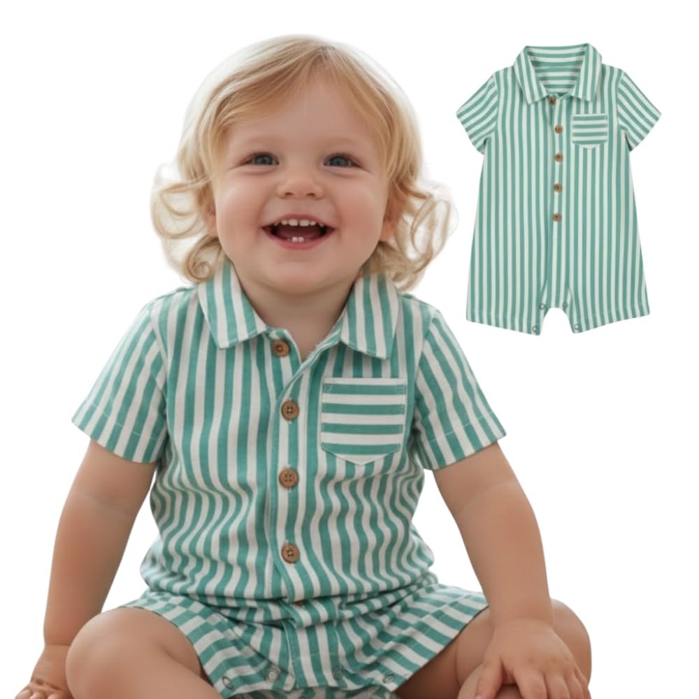 A.T.U.N. (ALL THINGS UBER NICE) Baby Boys 100% Cotton Polo Romper | Soft Striped Fabric with Button Front Style & Collared Design | Comfortable One-Piece Kids Outfit