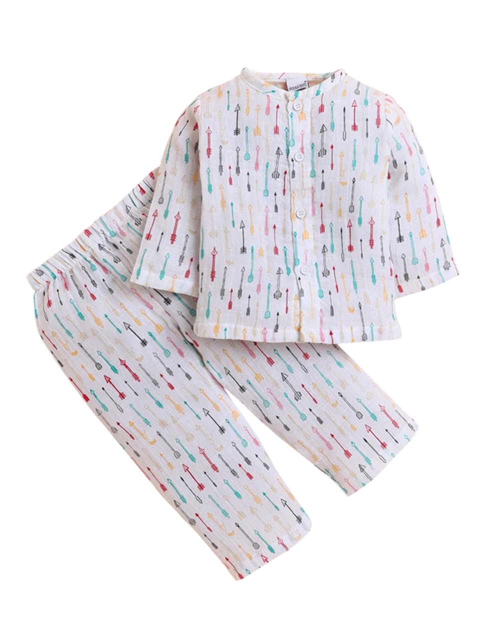 POLKA TOTS Muslin Jhabla & Pant Set for Boys & Girls | Ultra-Soft, Breathable & Lightweight Cotton Kid Dress | Unisex Printed Top & Pyjama Set for Kids | Night Suit for Kids | Newborn to 2 Years