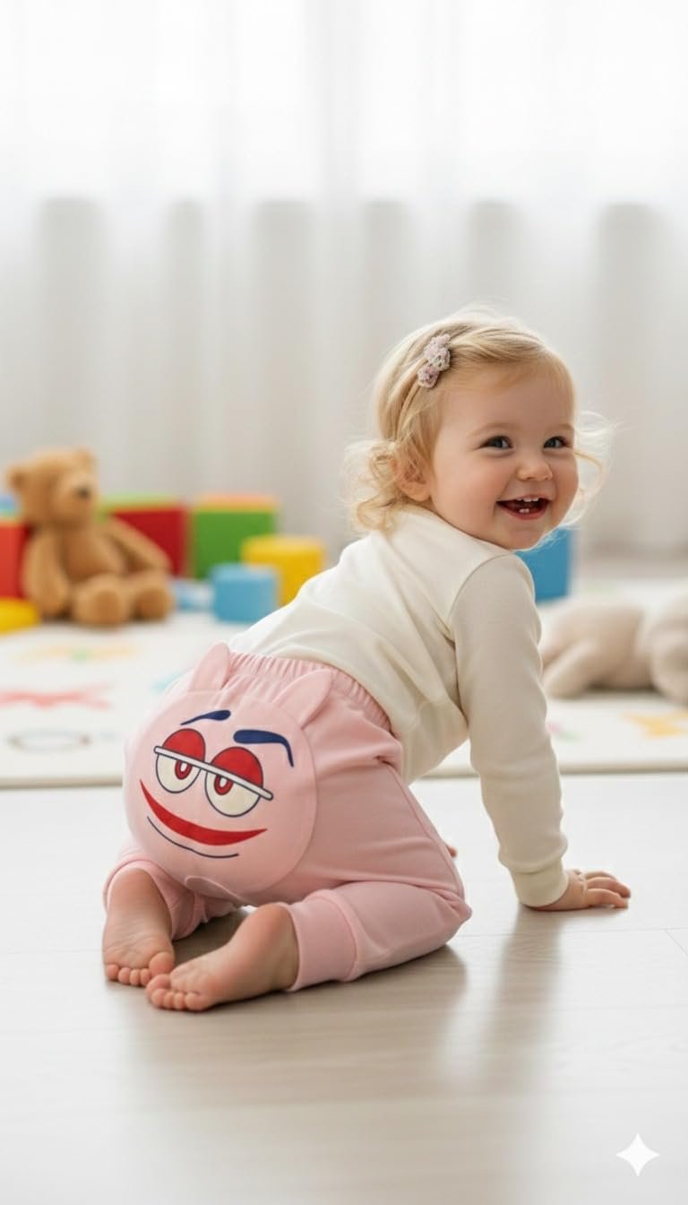 A.T.U.N. (ALL THINGS UBER NICE) Baby Girls 100% Cotton Bum Pants | Soft Feel Printed Back Design with Elastic Waistband | Comfortable Stretch Fit Bottom Wear (Pack of 3)