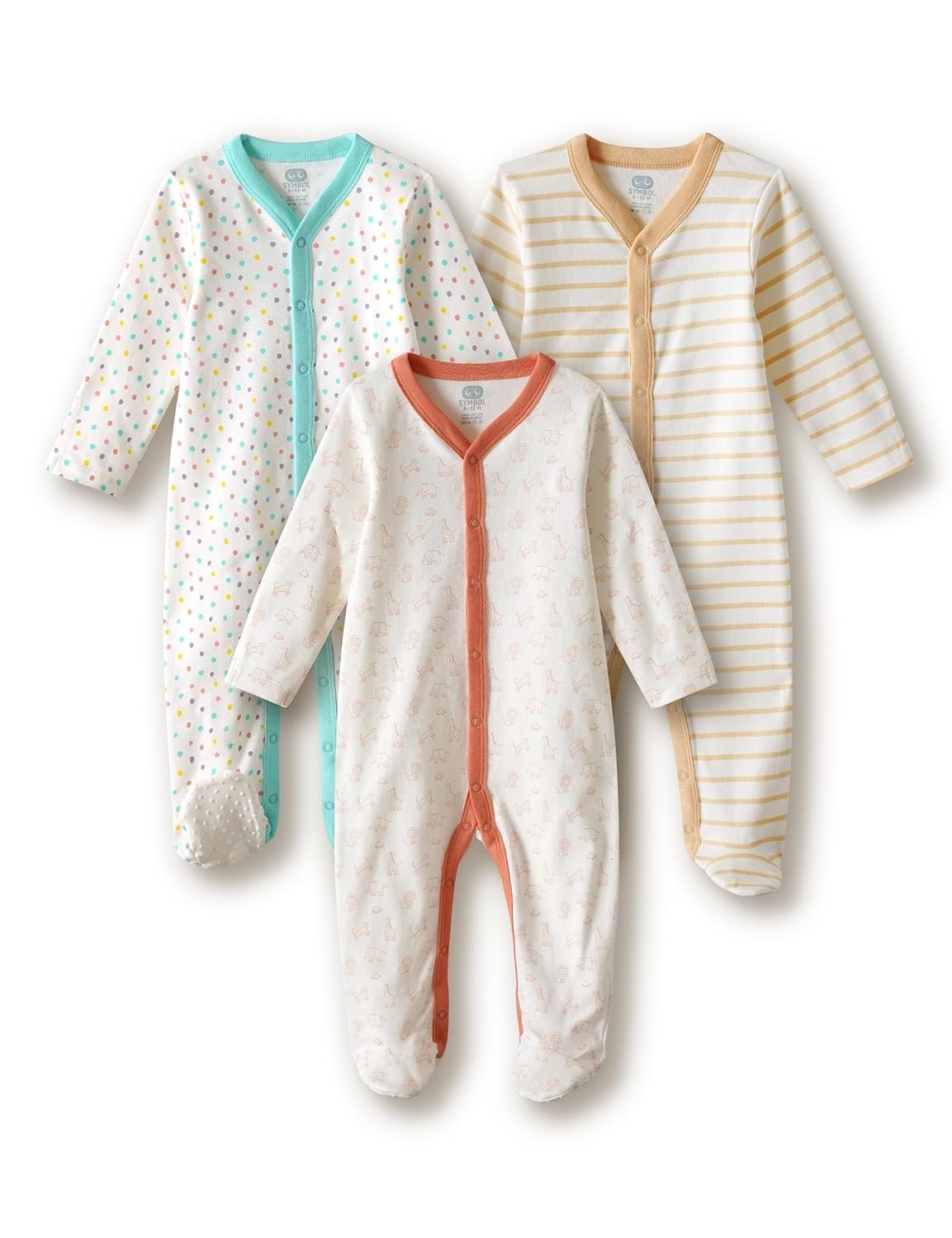 Amazon Brand – Symbol Unisex 100% Cotton Full Sleeve Baby Sleepsuits (Available in Pack of 3 & 6)