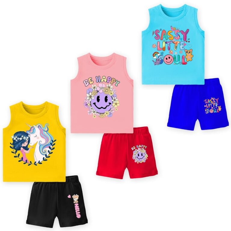 Baby Cotton Clothing Set | Sleeveless T-Shirt & Shorts Combo | Summer Wear for Boys & Girls | Soft Breathable Fabric | Multicolor Pack of 3
