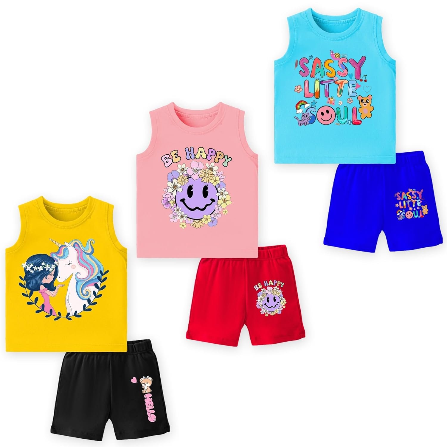 Baby Cotton Clothing Set | Sleeveless T-Shirt & Shorts Combo | Summer Wear for Boys & Girls | Soft Breathable Fabric | Multicolor Pack of 3