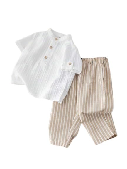 Trendy Baby Boy Outfit Set Mandarin Collar Shirt & Striped Pants Comfortable Summer Dress for Toddlers & Kids