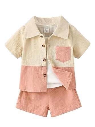 Gtoro Toddler Boys Shorts and Shirt Set Solid Color Button Up Shirts Tops and Shorts Co-ords Set