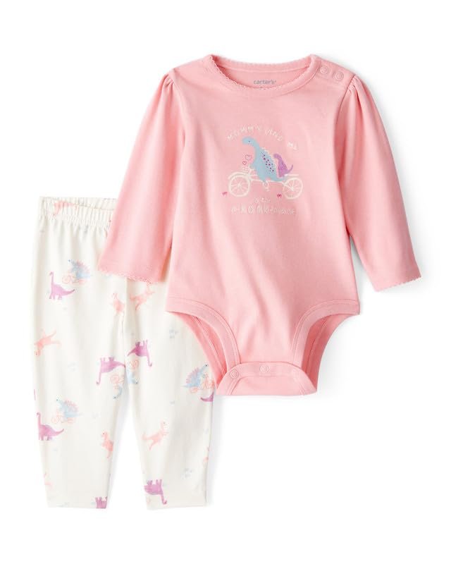 Carter’s Baby Girl Dinosaur Print Cotton Full Sleeve Bodysuit & Pant Set (Pack of 1) | Soft Cotton Outfit Set Cute & Comfortable Everyday Wear
