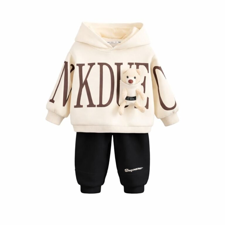 Googo Gaaga Boys Winter Hoodie & Pant Set with Teddy Patch – Warm Fleece Sweatshirt & Jogger Set for Kids (White & Black)