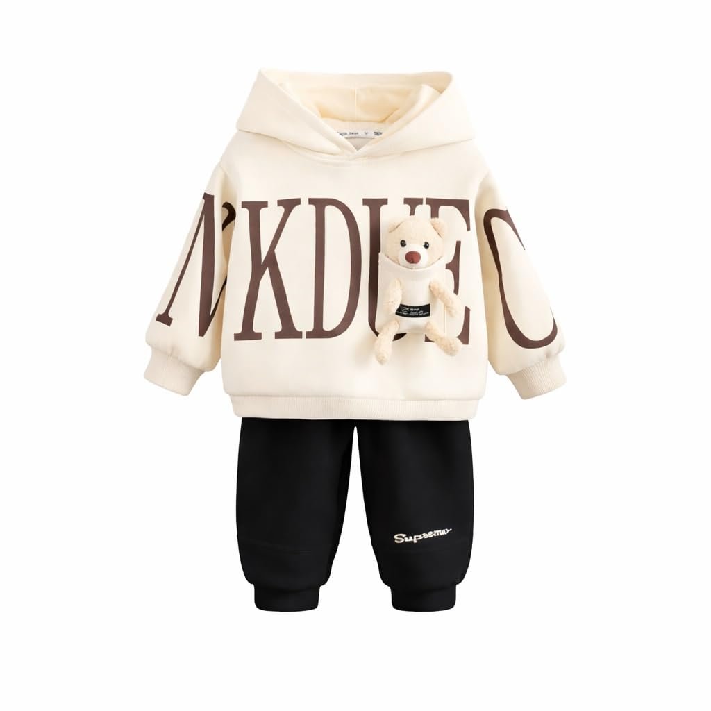Googo Gaaga Boys Winter Hoodie & Pant Set with Teddy Patch – Warm Fleece Sweatshirt & Jogger Set for Kids (White & Black)