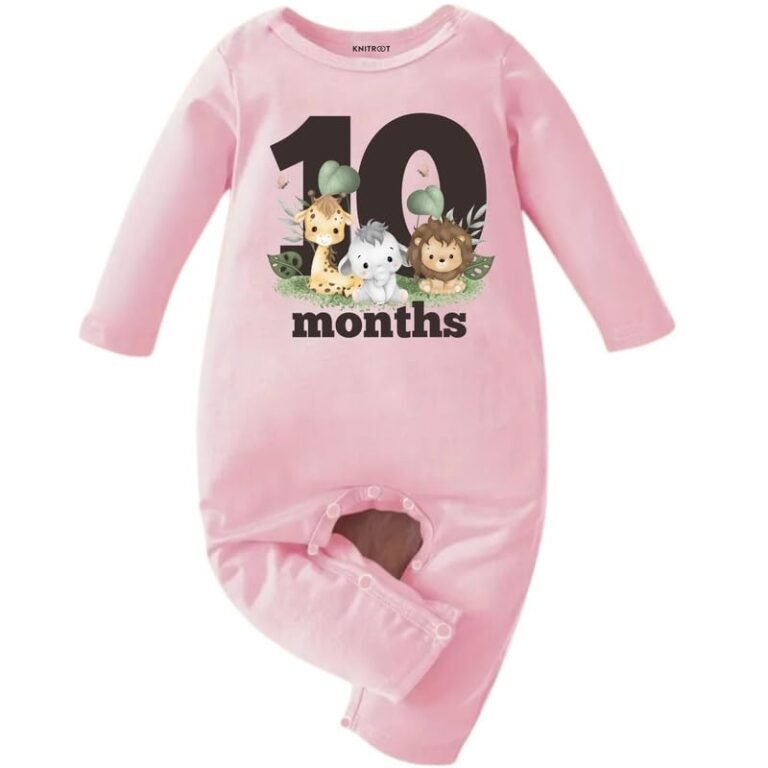 KNITROOT Mix Animal Theme (Giraffe, Elephant & Lion), 1,2,3,4,5,6,7,8,9,10,11,12 Months Text Printed, Full Sleeves, Shoulder-Snap-Buttons, Cotton Jumpsuit, Rompers for New Born Baby, Infant Clothes