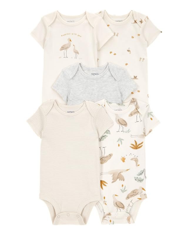 Carter’s Baby Boy & Baby Girl 5-Pack Striped Birds Half-Sleeve Cotton Bodysuits