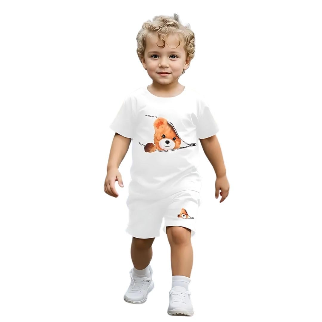 Fommy Pure Cotton T-Shirt Shorts Set for Baby Boy & Toddlers | Adorable Teddy Bear Cartoon Print Summer Casual Outfit for Boys | Ultra-Soft Half Sleeve Top & Shorts Cord Set for Home, Play & Outing