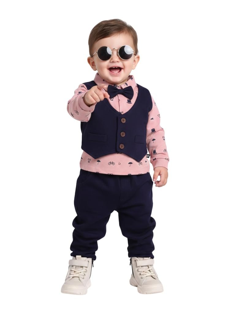 Toddler Boys 3-Piece Formal Suit Set Vest, Pants & Bow Tie with Black Shirt Baby Boy Outfit for Birthday, Wedding, Photoshoot Stylish Tuxedo Look