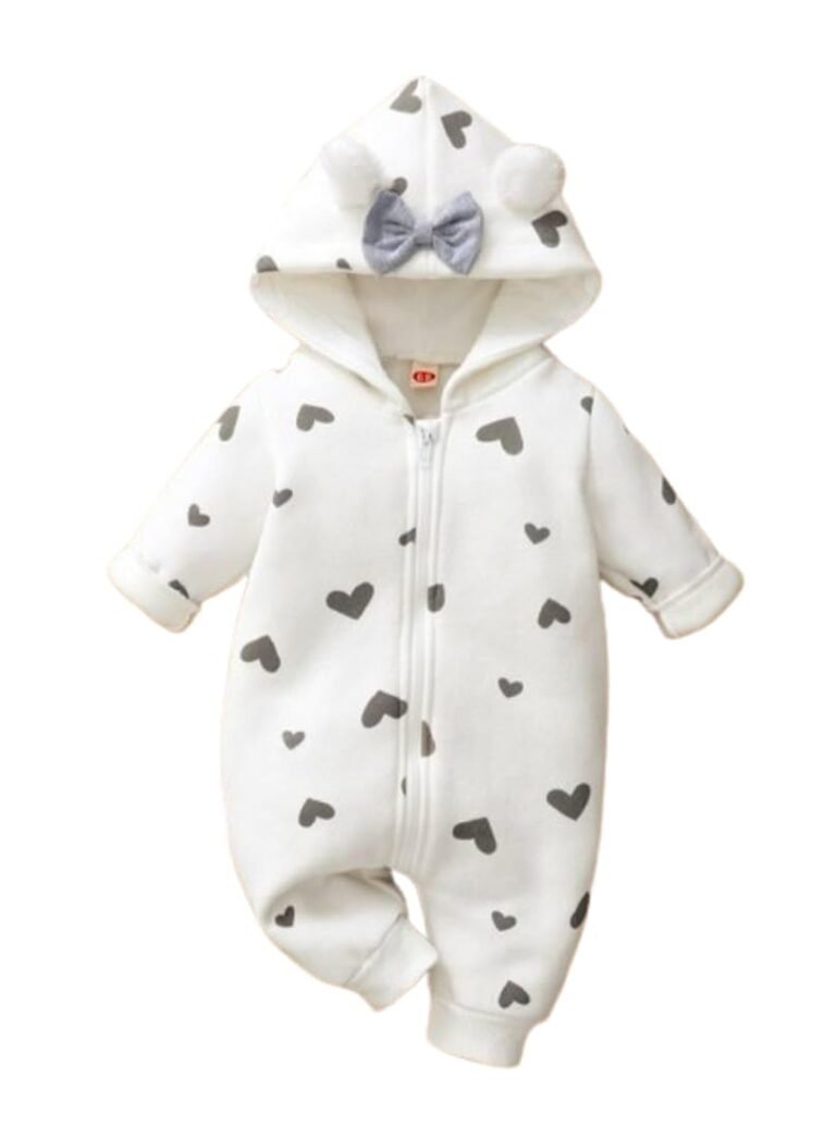 BRANDONN Kids baby cotton fleece jumpsuit romper onesie sleepsuit hooded semi winter & winter zipper (White & Grey, 6-9 Months)